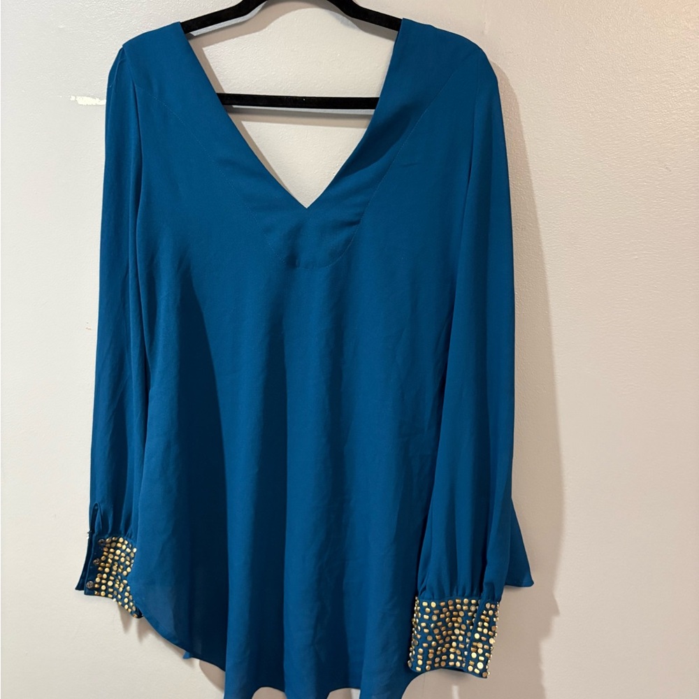 Very J Teal V-Neck Blouse with Patterned Cuffs